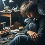 A sad boy holding his african grey parrot in a dark messy room.jpg