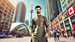 Pakistani man in traditional shalwar kameez walking in Toronto.webp